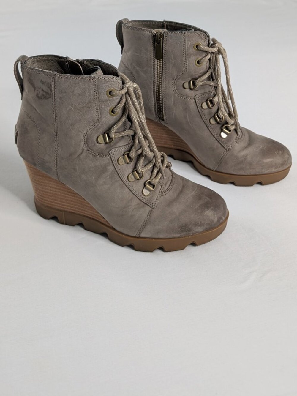 Sorel Gray Tan Joan Uptown Leather Waterproof Lace Up Wedge Booties